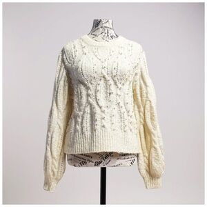 Gab & Kate Women’s Ivory Cable Knit Sweater. With Pearl Accents. Size M/L